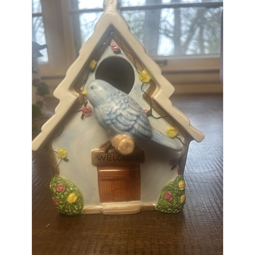 Vintage Style Summer Living Ceramic Bird House Bluebird Floral Grandmacore 8in